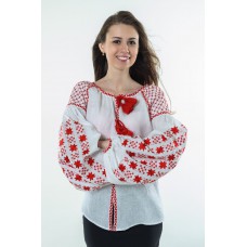 Boho Style Ukrainian Embroidered Folk  Blouse "Starry Sky" red on white